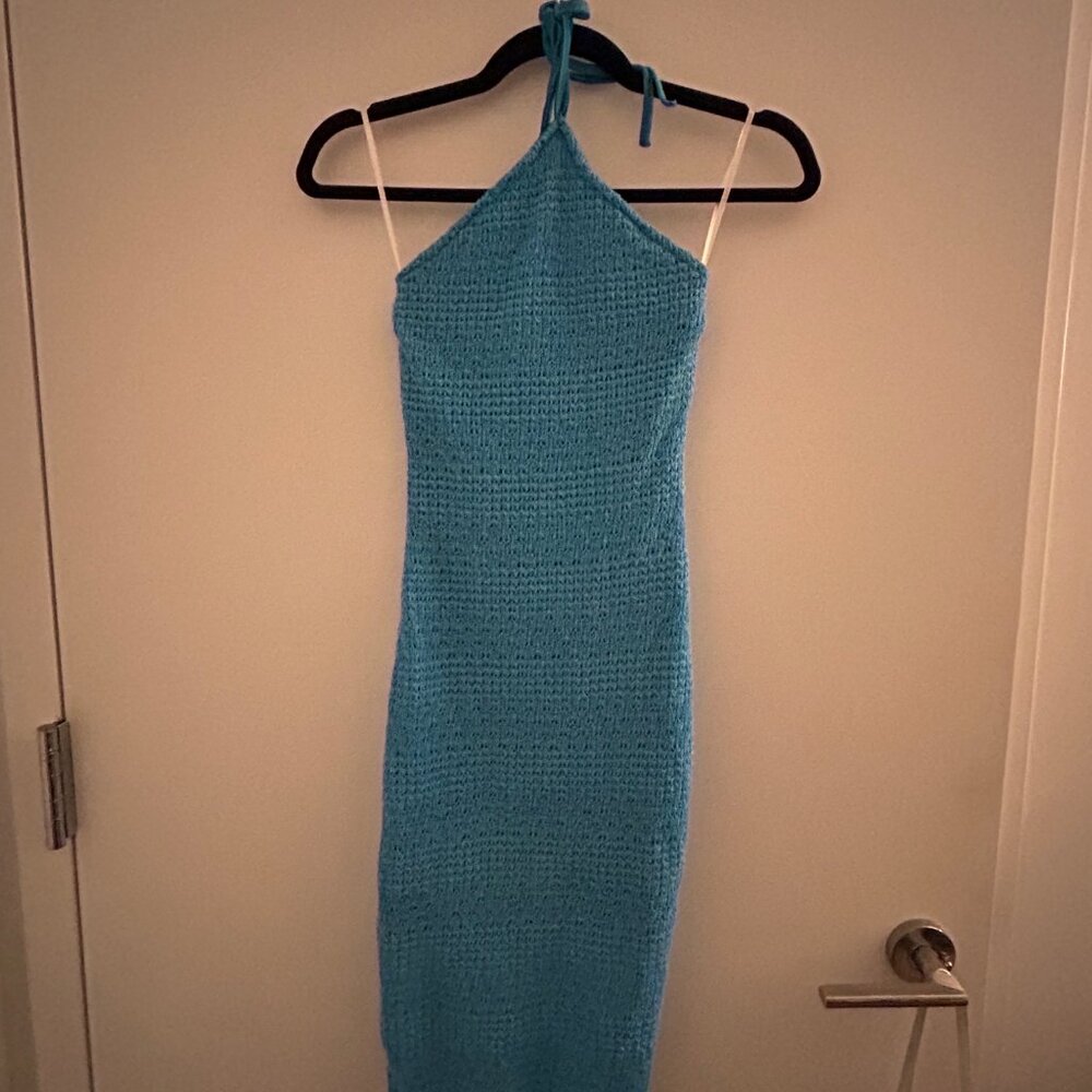 Blue Halter Dress Asymmetrical Fringe, XS